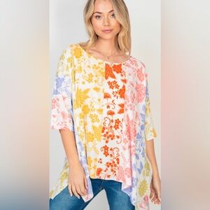 White Birch Floral Botanical Multi Color Asymmetrical Babydoll Top
